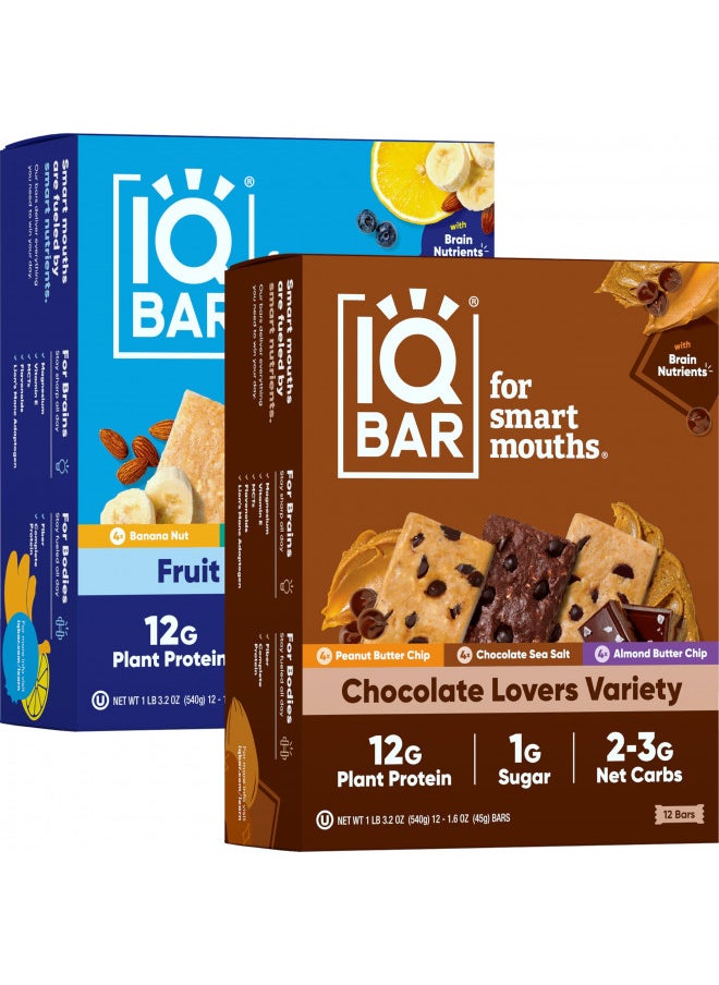 IQBAR Brain and Body Keto Protein Bars - Chocolate and Fruit Lovers Variety Keto Bars - 24-Count Energy Bars - Low Carb - High Fiber Vegan Bars and Low Sugar Meal Replacement Bars