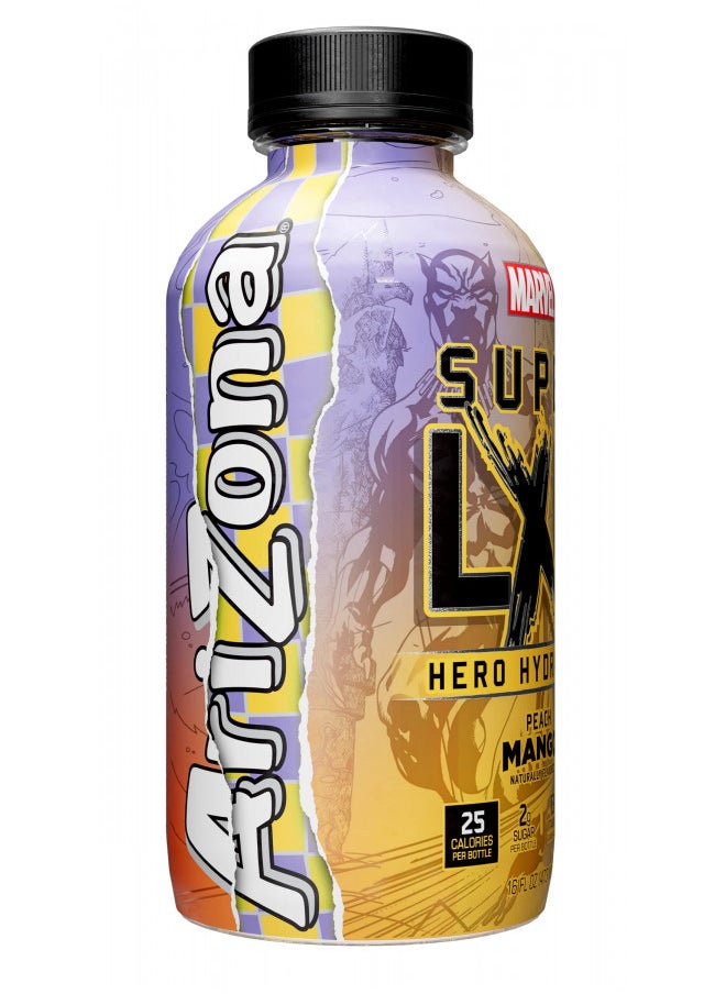 AriZona x Marvel Super LXR Hero Hydration - Peach Mango - 16oz (Pack of 12), Perfect for Athletes, Low Calorie with Electrolytes, Vitamins and Natural Flavors - Thirst Quencher