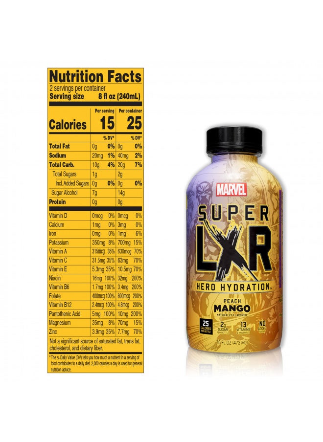 AriZona x Marvel Super LXR Hero Hydration - Peach Mango - 16oz (Pack of 12), Perfect for Athletes, Low Calorie with Electrolytes, Vitamins and Natural Flavors - Thirst Quencher