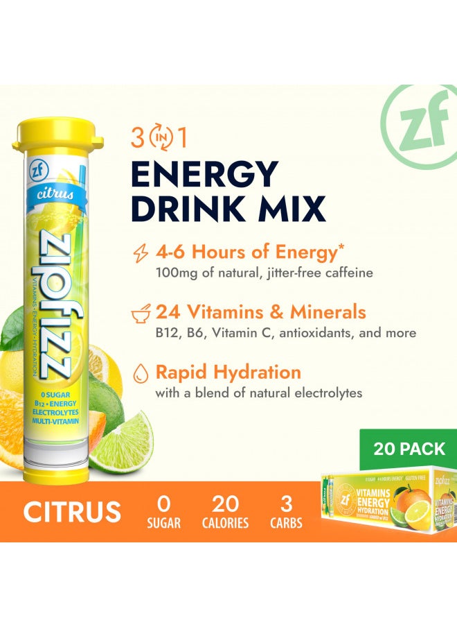 Zipfizz Energy Drink Mix, Electrolyte Hydration Powder with B12 and Multi Vitamin, Citrus (20 Pack)