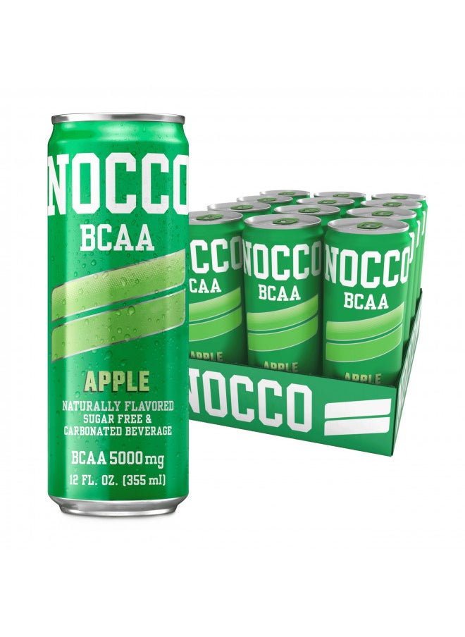 NOCCO BCAA Drink Apple Caffeine Free - 12 Fl Oz (Pack of 12) - 0mg of Caffeine, 5000mg of BCAAs - Sugar Free & Low Calorie Carbonated Drink with Vitamin B6, B12, & Biotin - Grab & Go Performance Drink