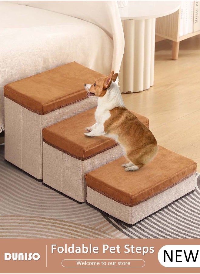 3-Step Foldable Pet Steps, 2-in-1 Soft Flannel Dog Stairs with Storage, Non-Slip Cat Steps with High-Elastic and Breathable Material Sponge for Puppy Kitten Climbing High Bed and Couch