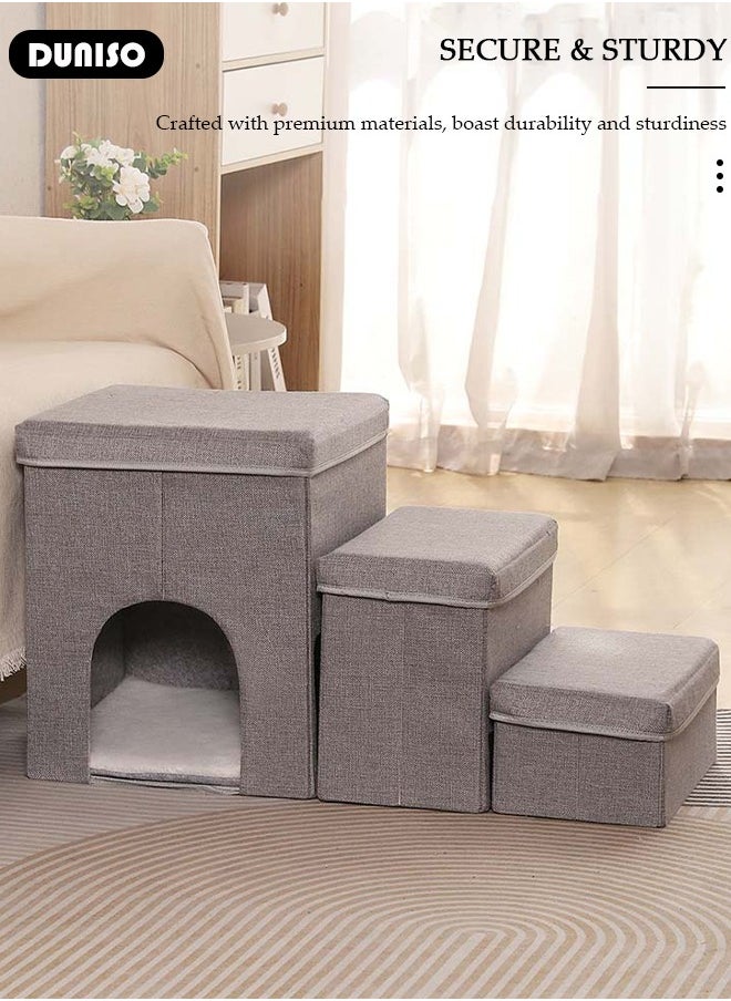 3-Step Foldable Pet Steps, 3-in-1 Soft Flannel Dog Stairs with Storage & Cozy Condo, Non-Slip Cat Steps with High-Elastic and Breathable Material Sponge for Puppy Kitten Climbing High Bed and Couch