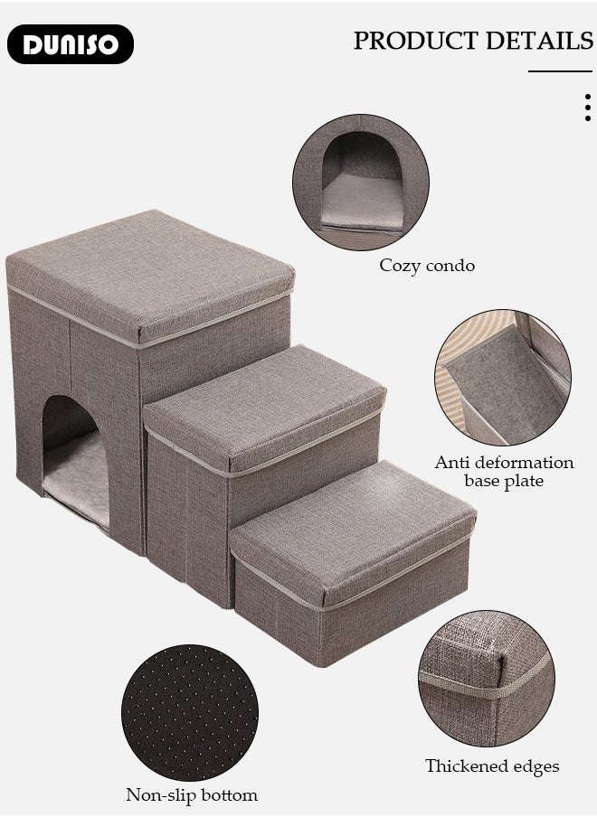 3-Step Foldable Pet Steps, 3-in-1 Soft Flannel Dog Stairs with Storage & Cozy Condo, Non-Slip Cat Steps with High-Elastic and Breathable Material Sponge for Puppy Kitten Climbing High Bed and Couch