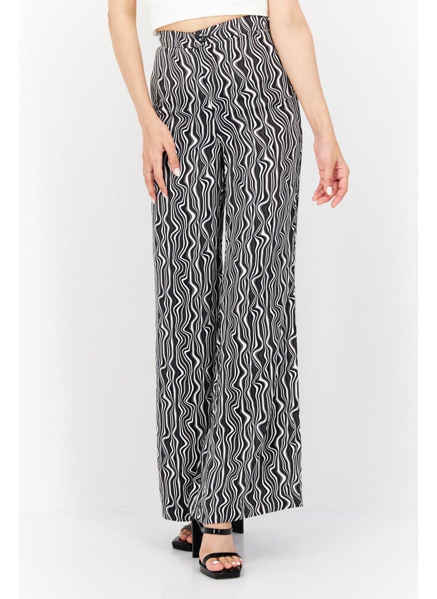 Women Allover Printed Wide Leg Pant, Black Combo