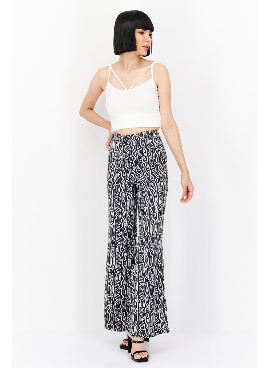 Women Allover Printed Wide Leg Pant, Black Combo