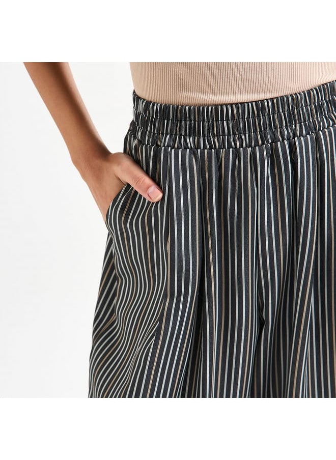 Striped Wide Leg Pants with Elasticated Waistband and Pockets