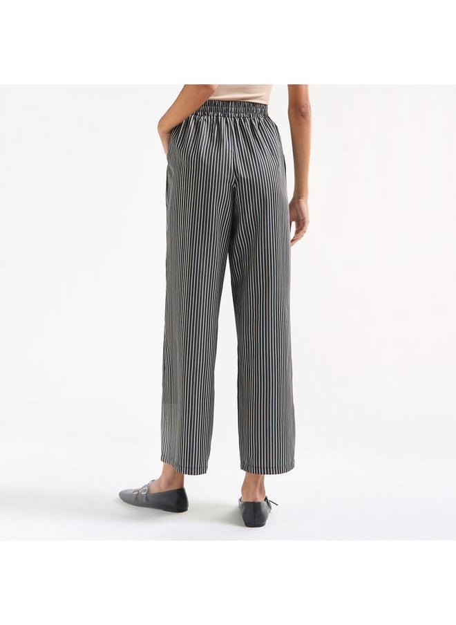 Striped Wide Leg Pants with Elasticated Waistband and Pockets