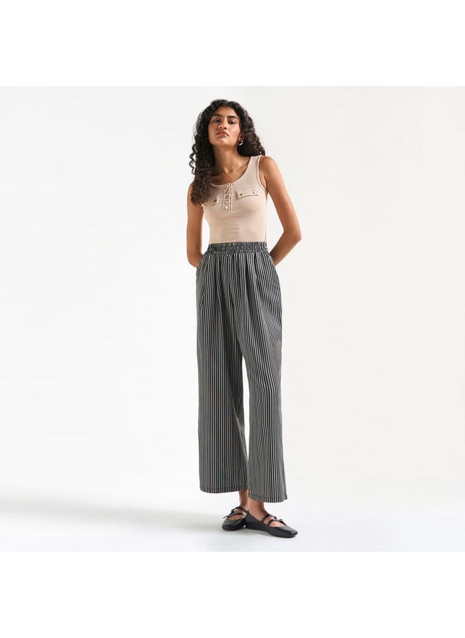 Striped Wide Leg Pants with Elasticated Waistband and Pockets