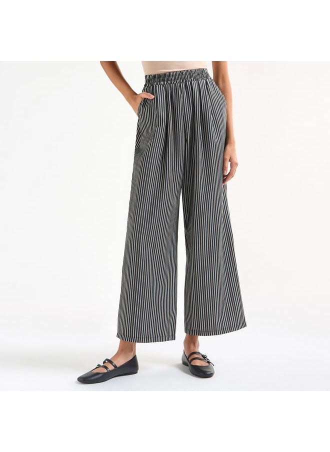 Striped Wide Leg Pants with Elasticated Waistband and Pockets