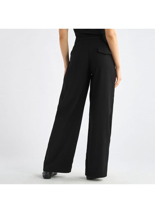 Solid Belted Wide Leg Trousers with Pockets