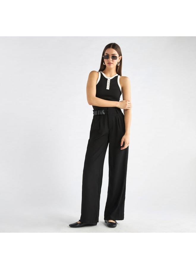 Solid Belted Wide Leg Trousers with Pockets