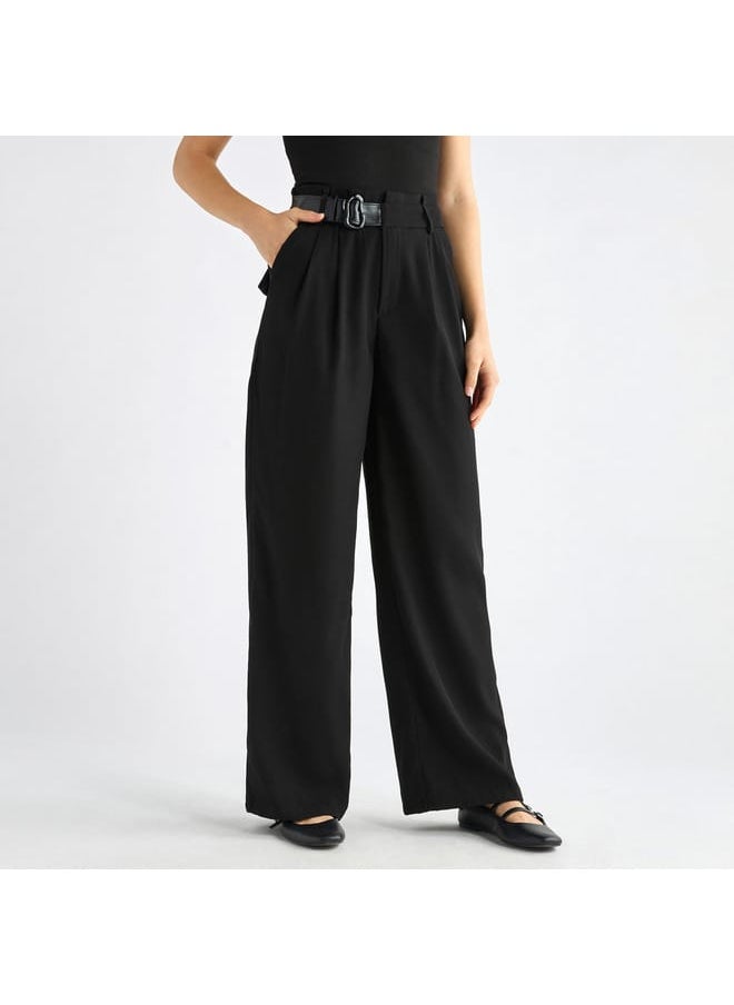 Solid Belted Wide Leg Trousers with Pockets