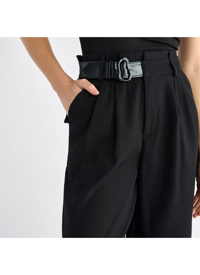 Solid Belted Wide Leg Trousers with Pockets