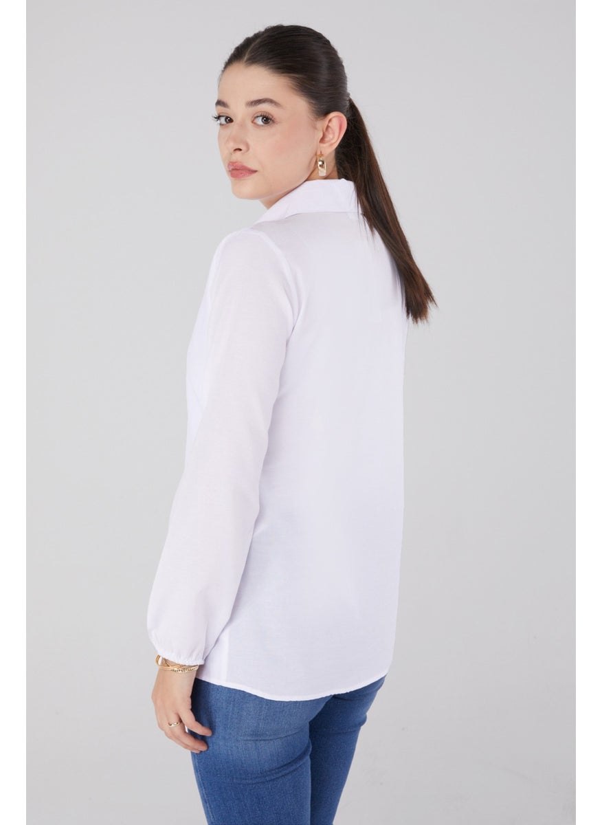 Plain Shirt Collar Women's White Printed Shirt - 13338