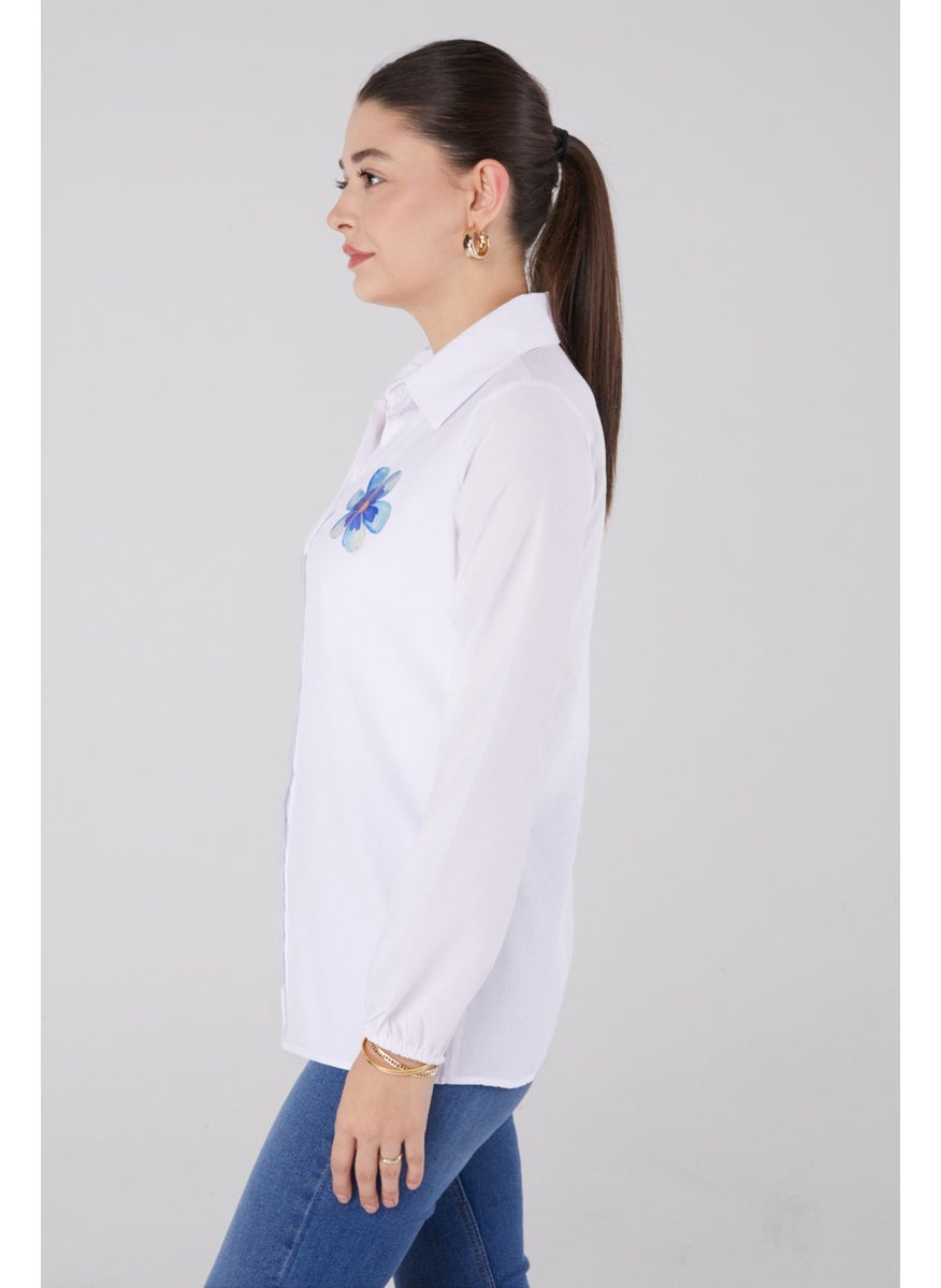 Plain Shirt Collar Women's White Printed Shirt - 13338