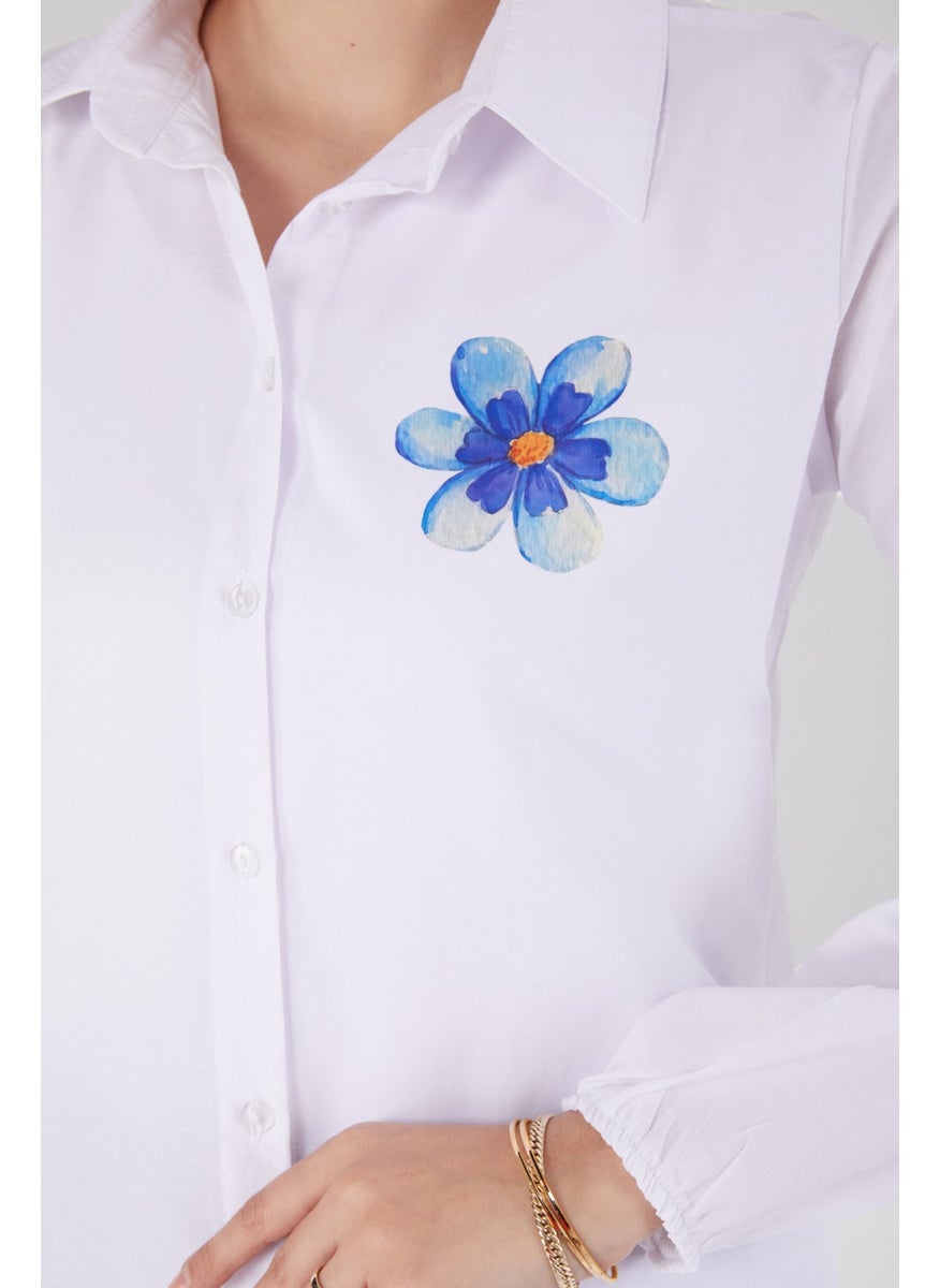 Plain Shirt Collar Women's White Printed Shirt - 13338