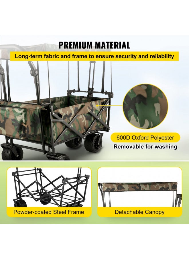 Happbuy Collapsible Folding Wagon with Removable Canopy, Heavy Duty Foldable Wagon Utility Cart for Garden, Camping, Grocery Cart, Beach Wagon Cart with Wheels and Rear Storage, Camouflage