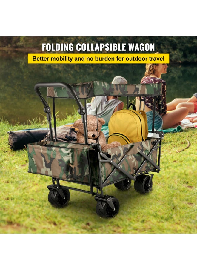 Happbuy Collapsible Folding Wagon with Removable Canopy, Heavy Duty Foldable Wagon Utility Cart for Garden, Camping, Grocery Cart, Beach Wagon Cart with Wheels and Rear Storage, Camouflage