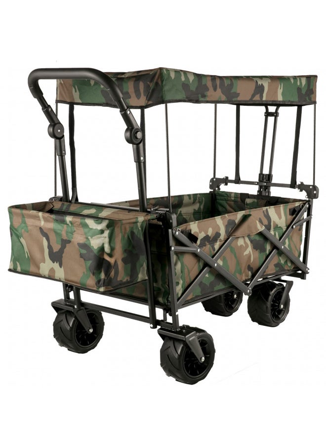 Happbuy Collapsible Folding Wagon with Removable Canopy, Heavy Duty Foldable Wagon Utility Cart for Garden, Camping, Grocery Cart, Beach Wagon Cart with Wheels and Rear Storage, Camouflage