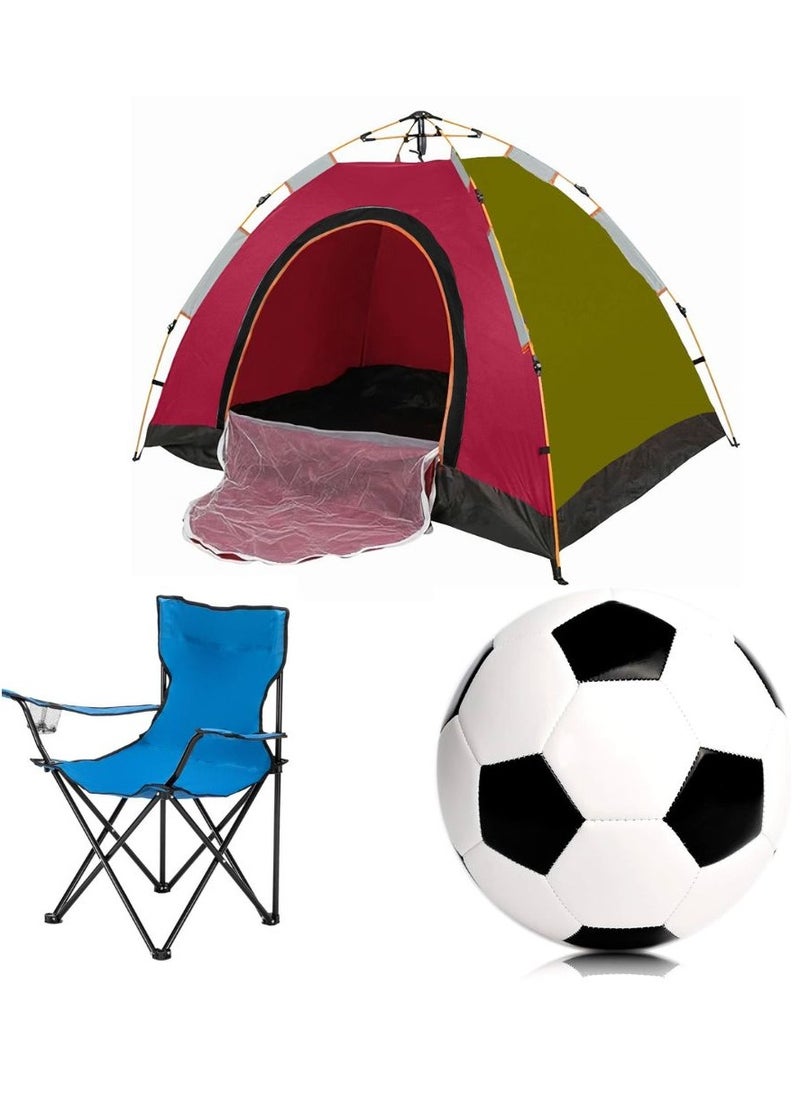 3-Person Camping Automatic Instant Pop-Up Tent with Folding Chair & Football – Complete Outdoor Kit