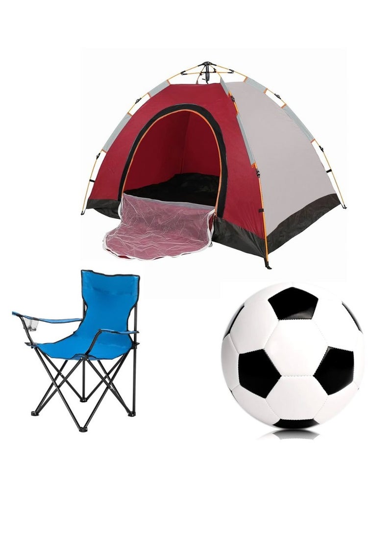 3-Person Camping Automatic Instant Pop-Up Tent with Folding Chair & Football – Complete Outdoor Kit