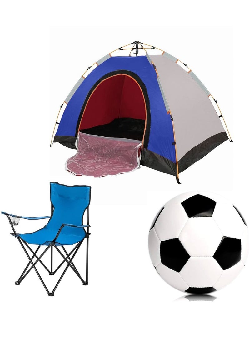 3-Person Camping Automatic Instant Pop-Up Tent with Folding Chair & Football – Complete Outdoor Kit