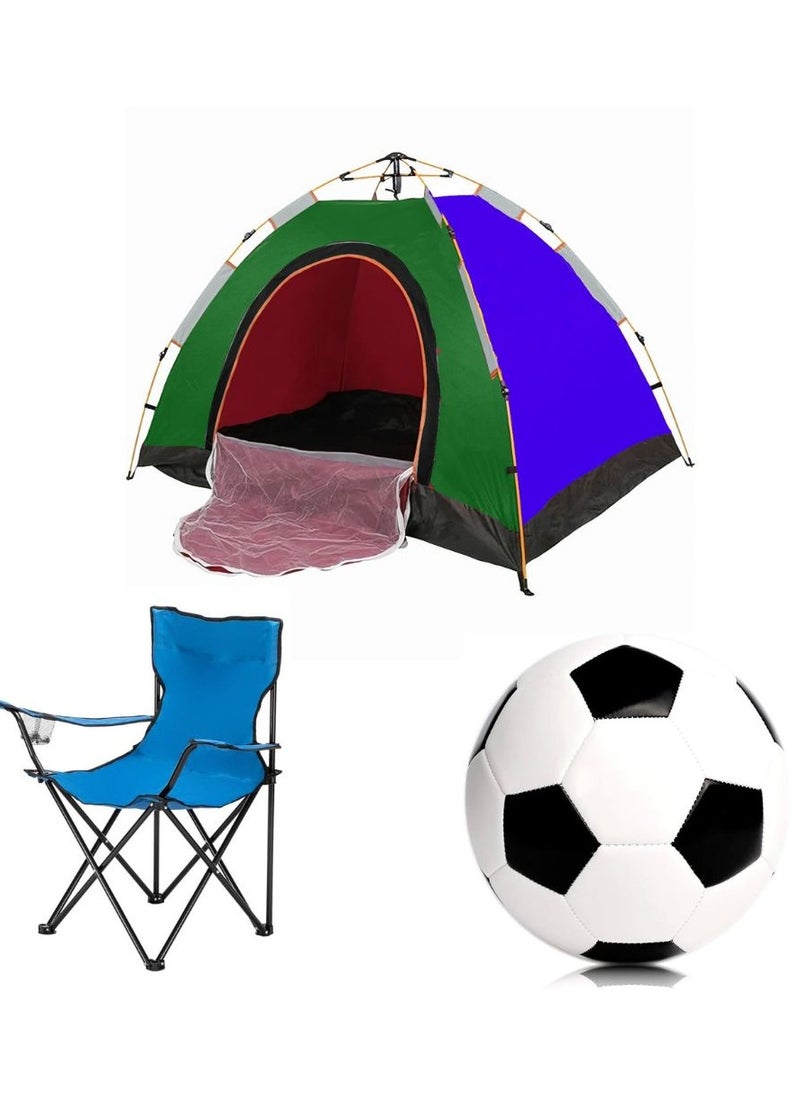 3-Person Camping Automatic Instant Pop-Up Tent with Folding Chair & Football – Complete Outdoor Kit