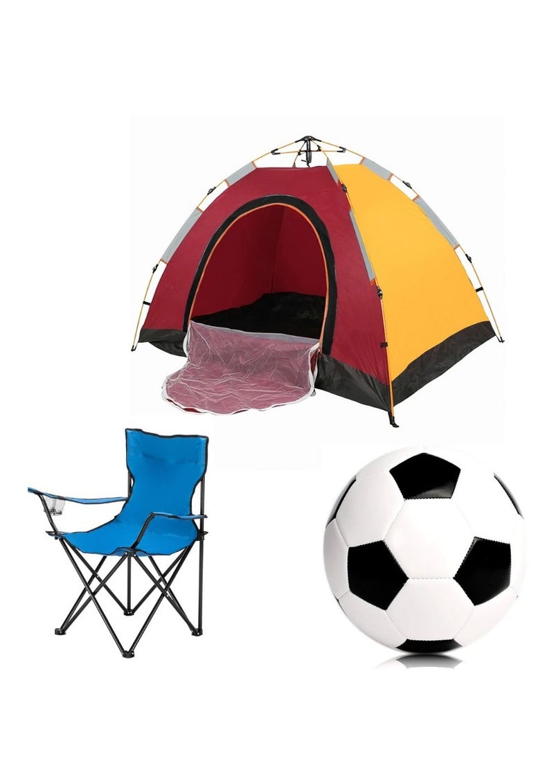 3-Person Camping Automatic Instant Pop-Up Tent with Folding Chair & Football – Complete Outdoor Kit