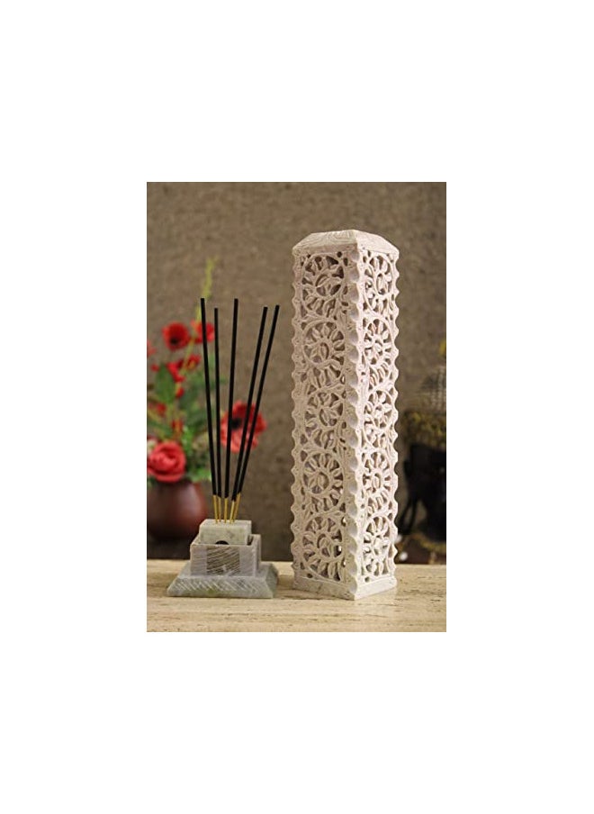 Carry Me Handmade Marble Soapstone Incense Stick Burner | Candle Stick Holder | Tea Light Burner - Perfect Floral Carving for Gifting. Decorative Home and Kitchen Decor (3 x 3 x 11 Inches)