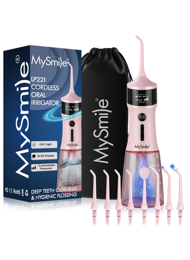 MySmile LP221 UVC Sterilizable Cordless Water Flossers for Teeth 335ML Portable OLED Display Dental Flosser with 4 Modes 8 Jet Tips and a Storage Pouch for Home and Travel (Juicy Pink)