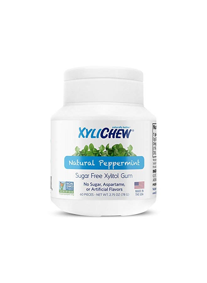 Xylichew 100% Xylitol Chewing Gum - Non GMO, Non Aspartame, Gluten Free, and Sugar Free Gum - Natural Oral Care, Relieves Bad Breath and Dry Mouth - Peppermint, 60 Count