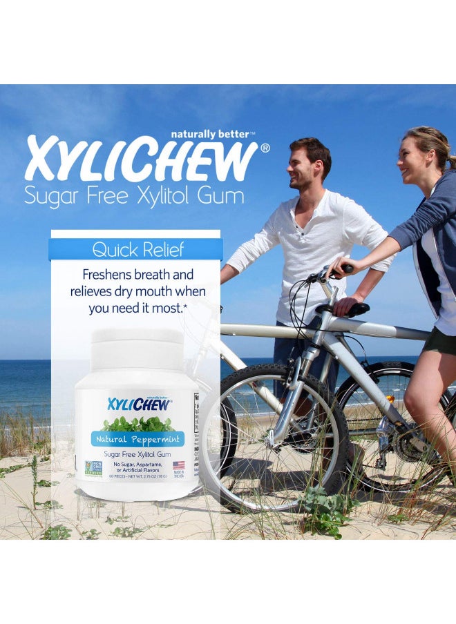 Xylichew 100% Xylitol Chewing Gum - Non GMO, Non Aspartame, Gluten Free, and Sugar Free Gum - Natural Oral Care, Relieves Bad Breath and Dry Mouth - Peppermint, 60 Count