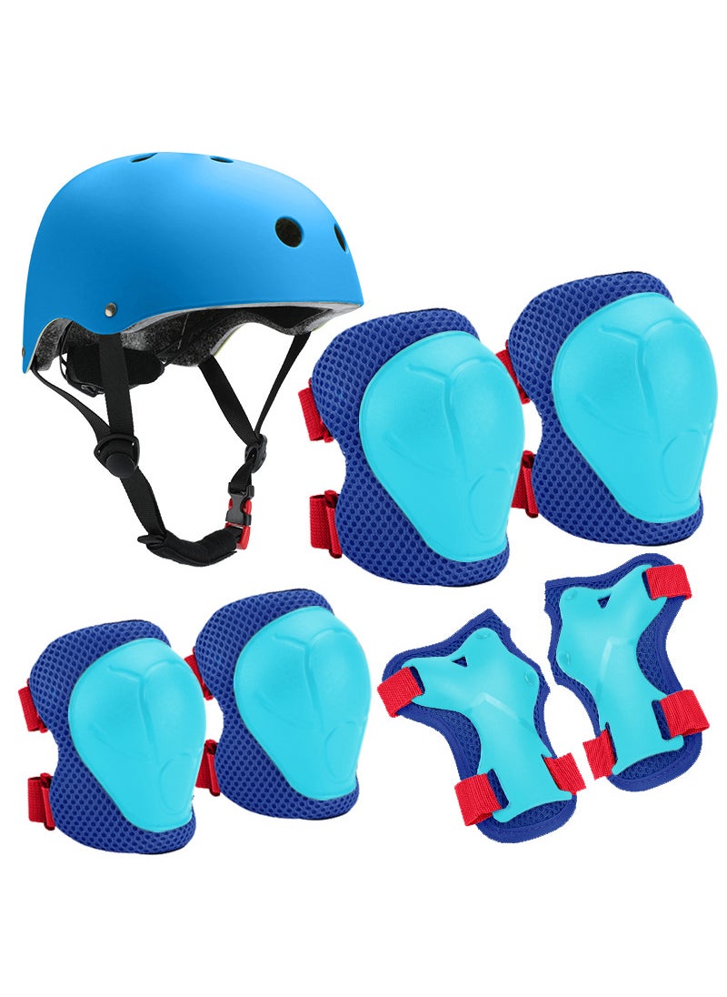 Manufacturers wholesale childrens roller skating protectors skateboard knee pads elbow protectors balance car skating protectors six or seven sets Blue red protective gear + helmet Blue