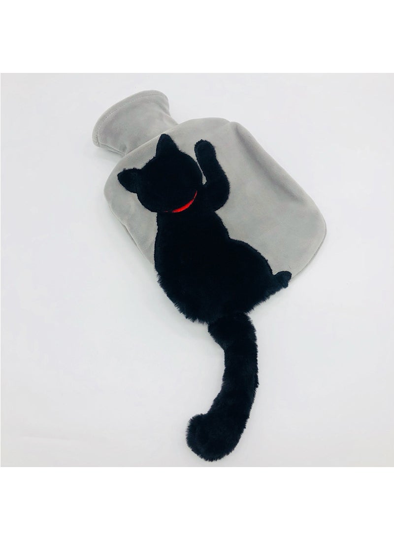 Water injection hot water bag imitation rabbit plush cute tail cat water injection PVC extrusion resistant hand warmer removable warm water bag wholesale Black Cat