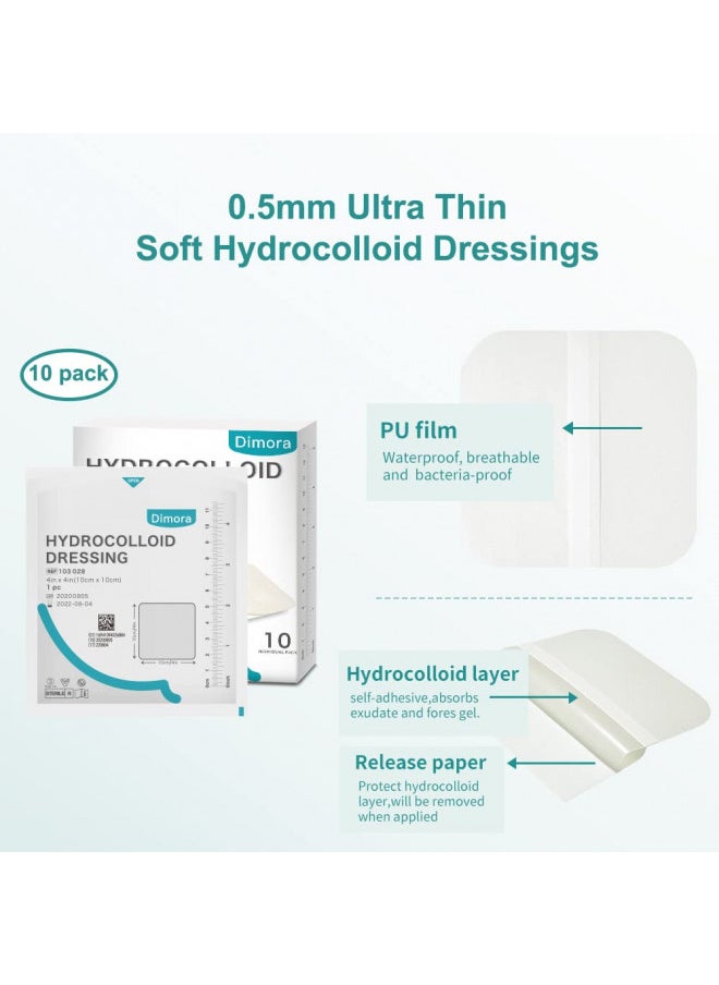 Hydrocolloid Adhesive Bandage, Hydrocolloid Wound Dressing Thin Type 4'' x 4'', Individually Sterile Packed Hydrocolloid Patches, Box of 10 Dressings