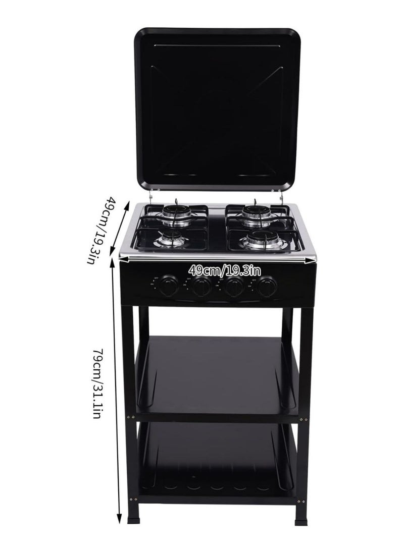 4 Burner Gas Stove Black Portable Gas Stove with 2 Tier Storage Rack and Leg Stand Manual Ignition Camp Stove with Wind Lock Cover.