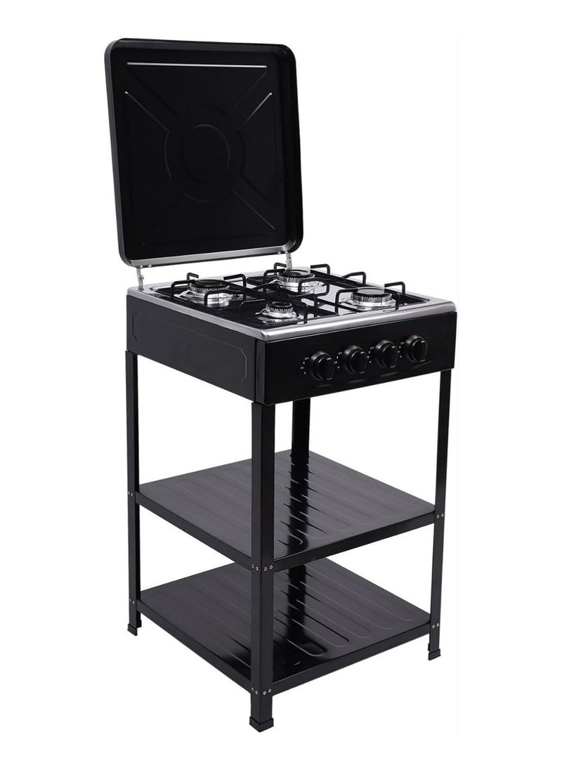 4 Burner Gas Stove Black Portable Gas Stove with 2 Tier Storage Rack and Leg Stand Manual Ignition Camp Stove with Wind Lock Cover.