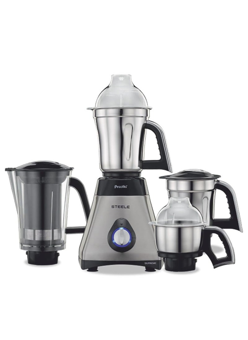 Preethi Steel Supreme MG-208 mixer grinder, 750 watt (Silver/ Black), 4 jars - Super Extractor juicer Jar, Vega W5 motor with 5yr Warranty & Lifelong Free Service