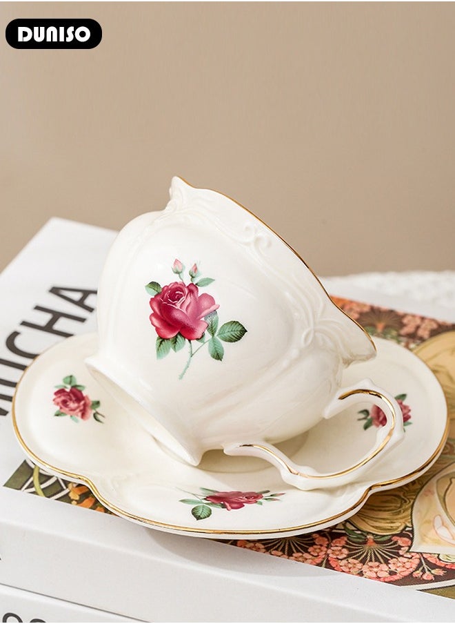 Ceramic Tea Cups and Saucers, European Retro Style Coffee Cups, Glazed Tea Mugs,  Latte Cups and Espresso Mug for Coffee Drinks and Tea, Kitchen and Living Room Saucers Set,Ceramic Coffee Cup for Office and Home