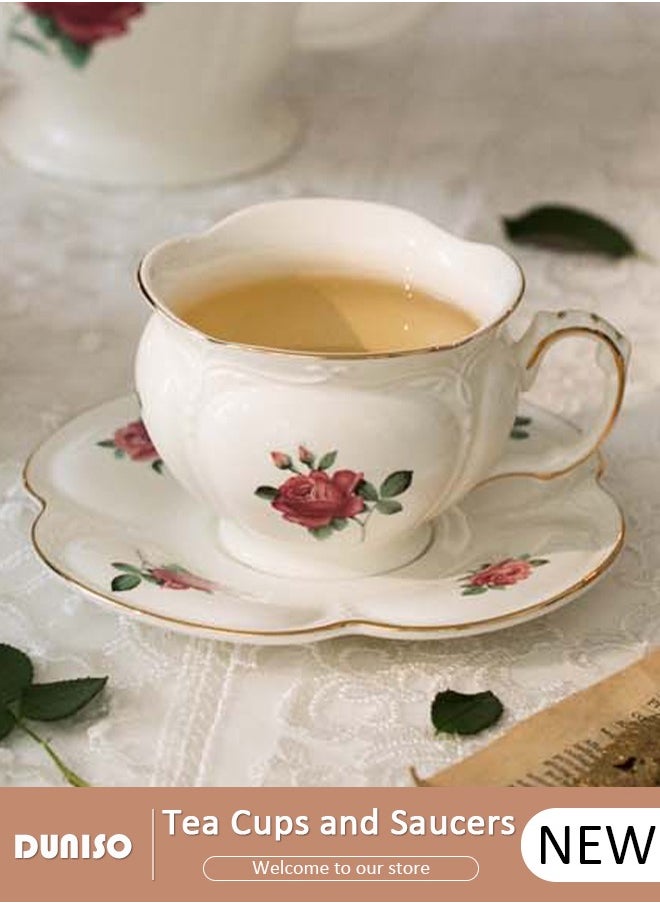 Ceramic Tea Cups and Saucers, European Retro Style Coffee Cups, Glazed Tea Mugs,  Latte Cups and Espresso Mug for Coffee Drinks and Tea, Kitchen and Living Room Saucers Set,Ceramic Coffee Cup for Office and Home