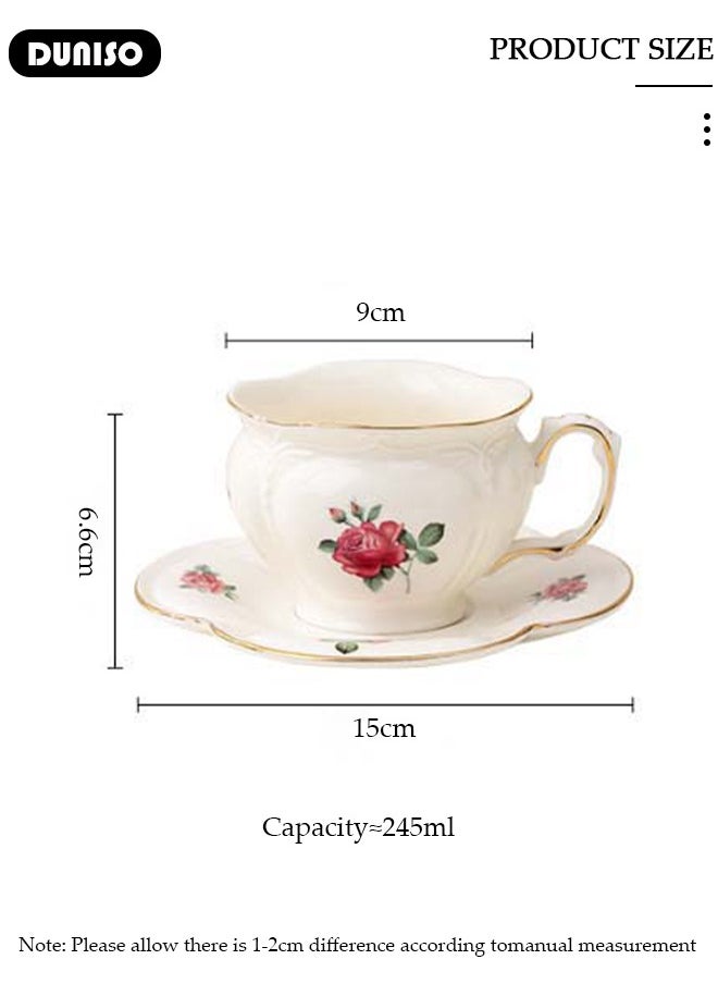 Ceramic Tea Cups and Saucers, European Retro Style Coffee Cups, Glazed Tea Mugs,  Latte Cups and Espresso Mug for Coffee Drinks and Tea, Kitchen and Living Room Saucers Set,Ceramic Coffee Cup for Office and Home