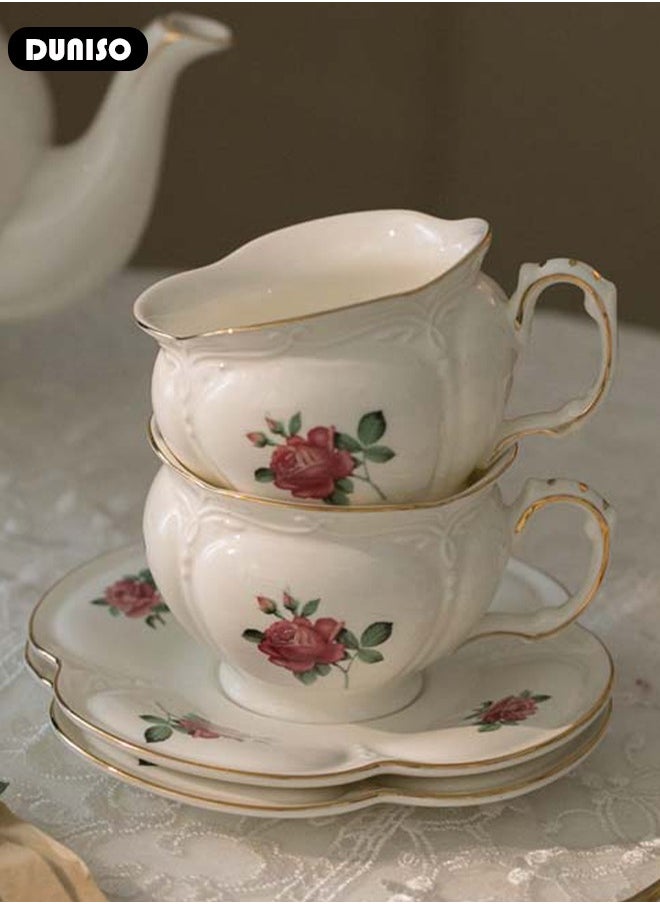Ceramic Tea Cups and Saucers, European Retro Style Coffee Cups, Glazed Tea Mugs,  Latte Cups and Espresso Mug for Coffee Drinks and Tea, Kitchen and Living Room Saucers Set,Ceramic Coffee Cup for Office and Home