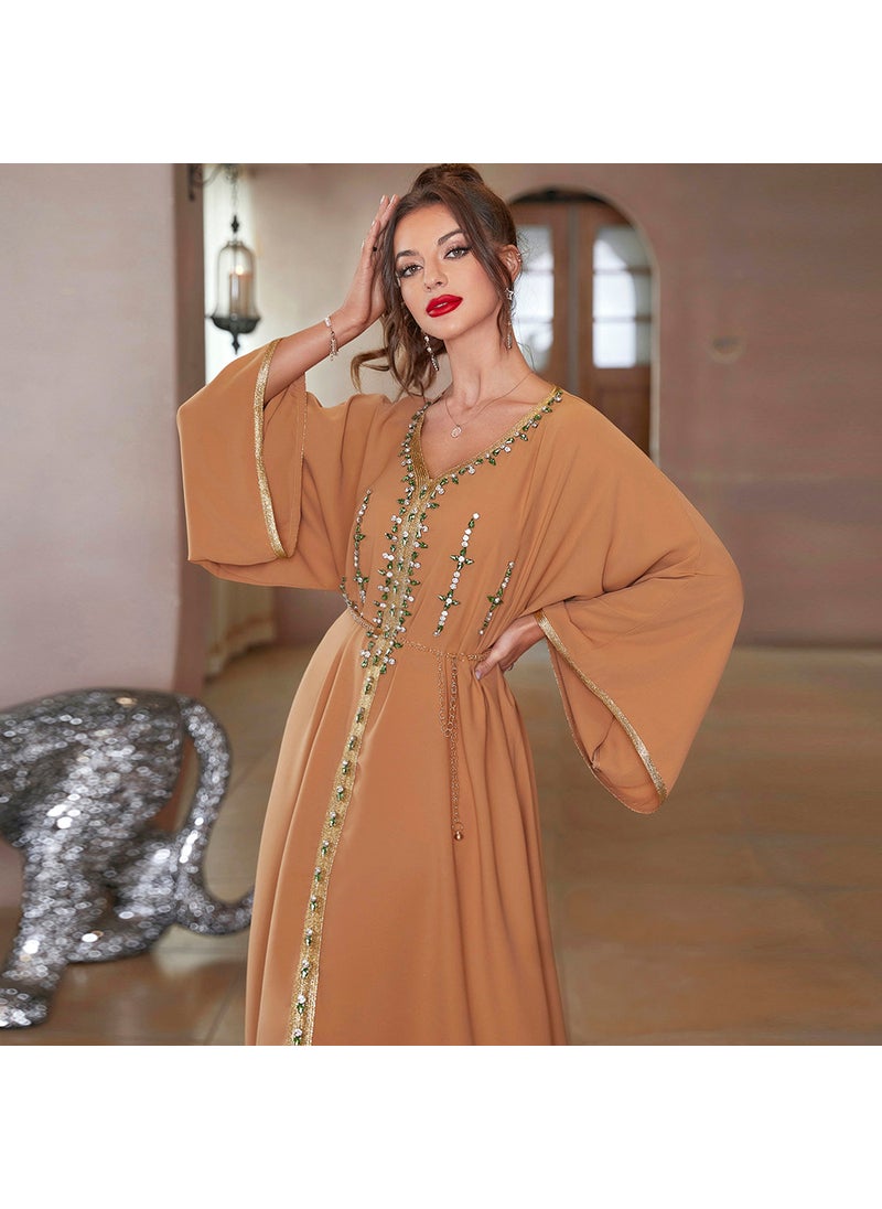 Handmade Beaded Khaki Abaya Maxi Dress Khaki