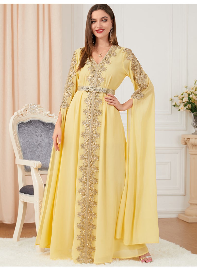 Elegant Patchwork Maxi Dress Abaya Fall yellow