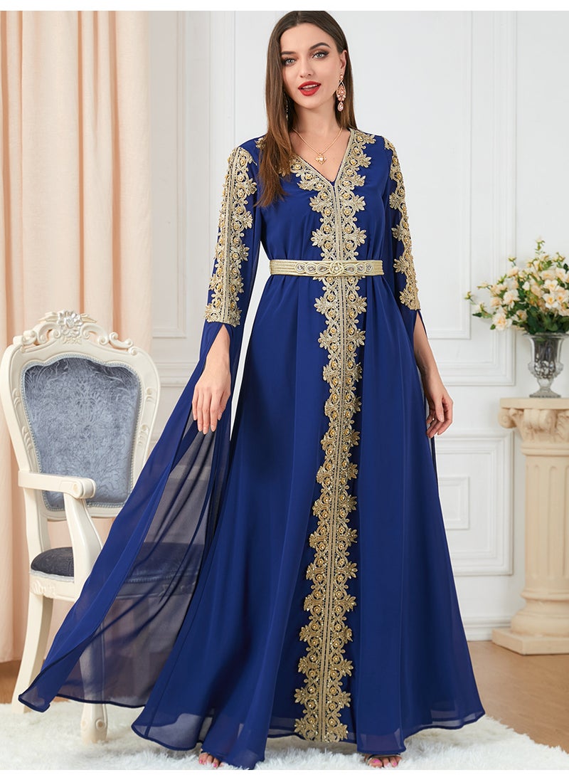 Elegant Patchwork Maxi Dress Abaya Fall royal blue