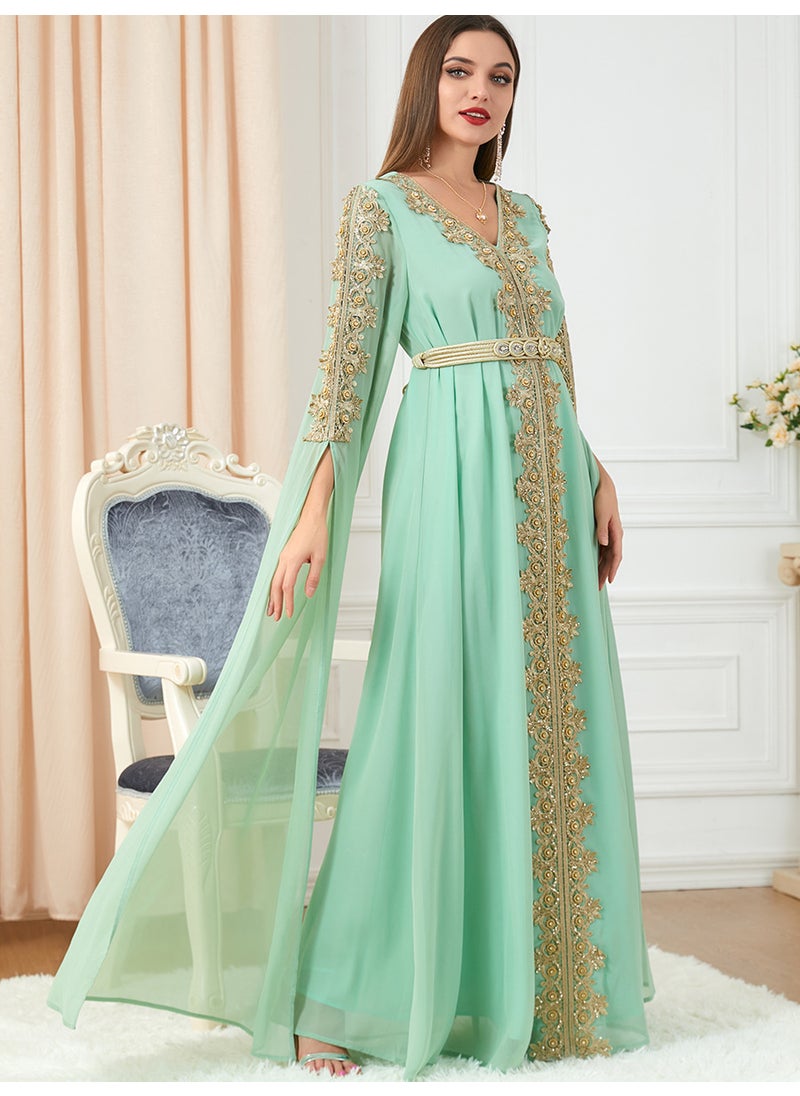 Elegant Patchwork Maxi Dress Abaya Fall light green