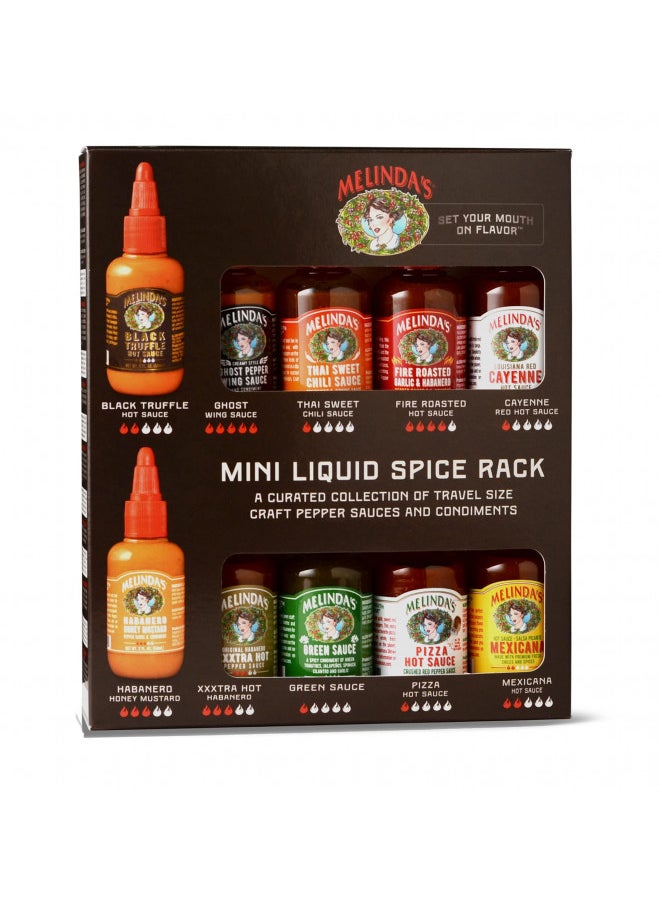 Melindas Mini Liquid Spice Rack - Gourmet Hot Sauce Gift Set - Travel Friendly Mini Hot Sauce Bottles of Black Truffle, Ghost Pepper, Green Sauce, Mexicana, Pizza Hot Sauce & More - 2 oz, 10 Pack