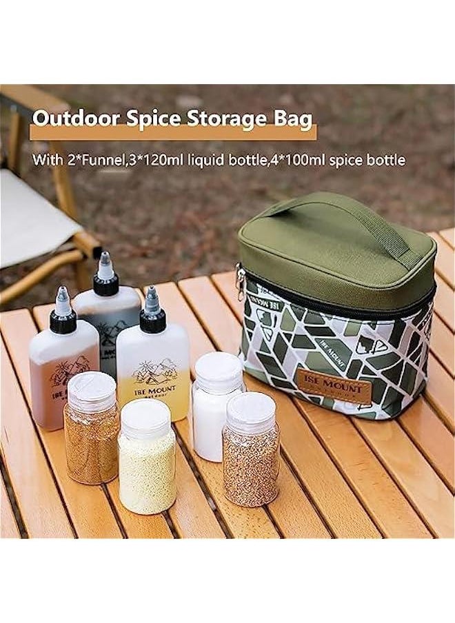 Spice Bag with 7 Spice Jars and 2 Funnels,Outdoor Spice Storage Bag Camping Seasoning Bottle Set for Outdoor Travel Camping BBQ Picnic (Gen Brown)