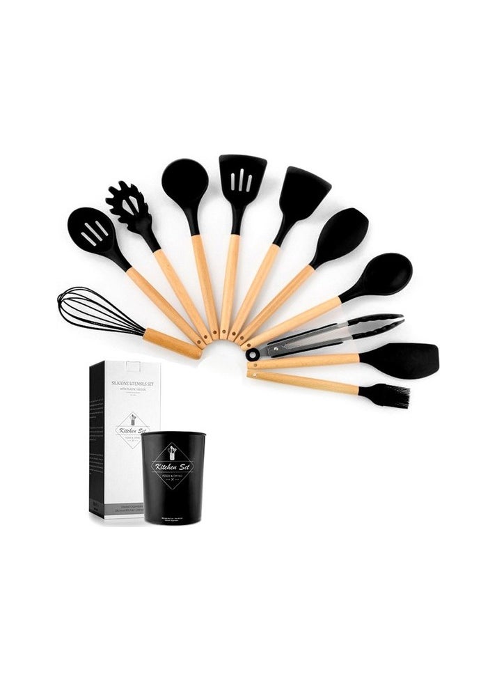 Silicone kitchen equipment with wooden handle 11 Colour:Black